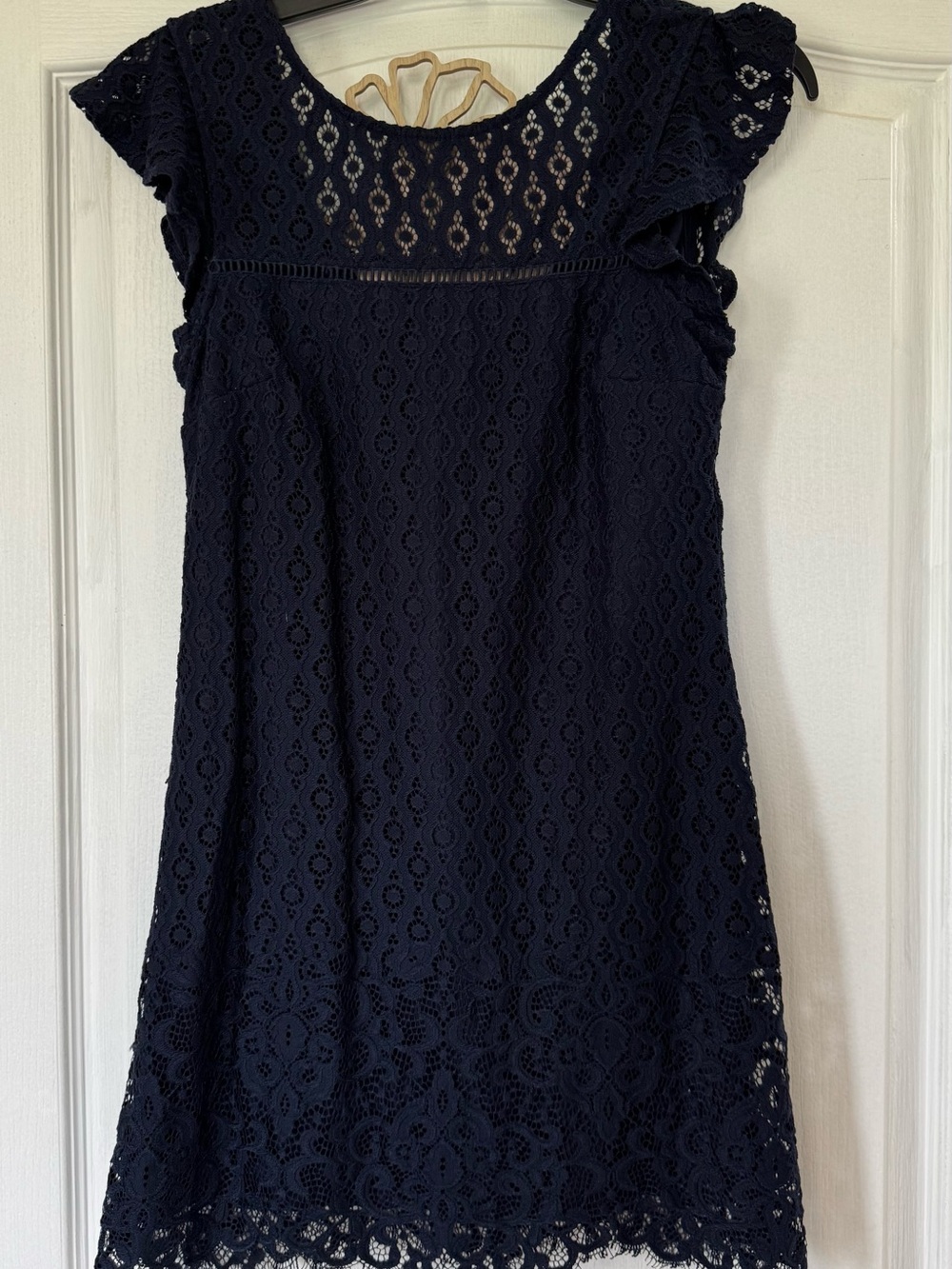 Lace Overlay Shift Dress - Navy